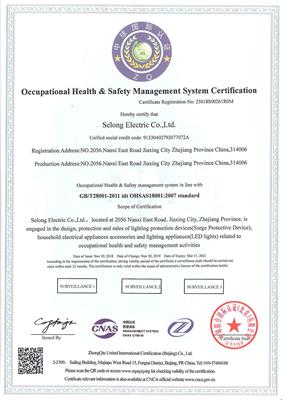 Certification certificate of occupational health and safety management system